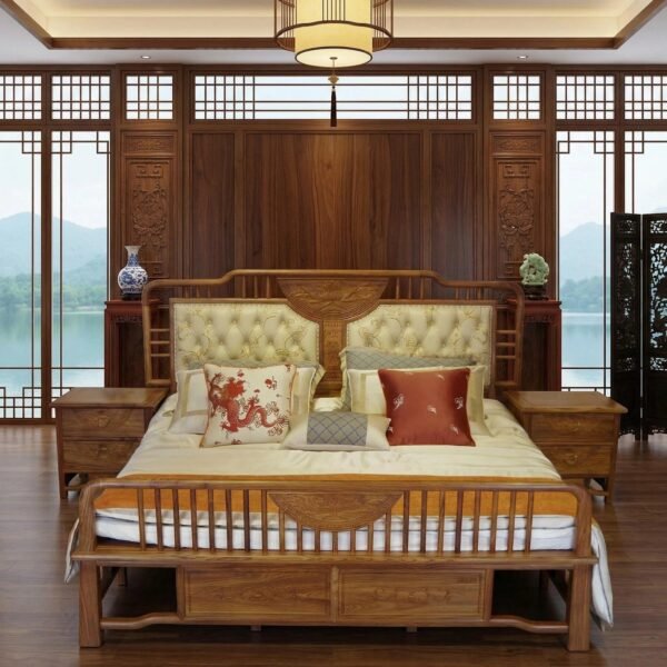 Redwood New Chinese-Style Peony Upholstered Bed