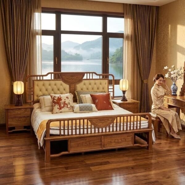 Redwood New Chinese-Style Peony Upholstered Bed