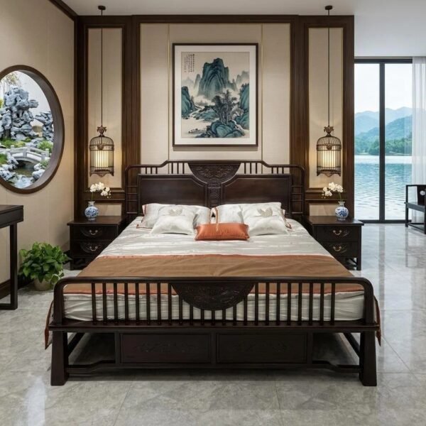 New Chinese-Style Peony Wooden Board Bed M810B